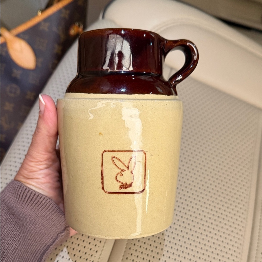 Vintage USA Brown Stoneware playboy crock.